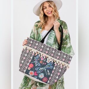 NWT Styline Boho Pattern and Dragonfly Print Tassel Tote Bag